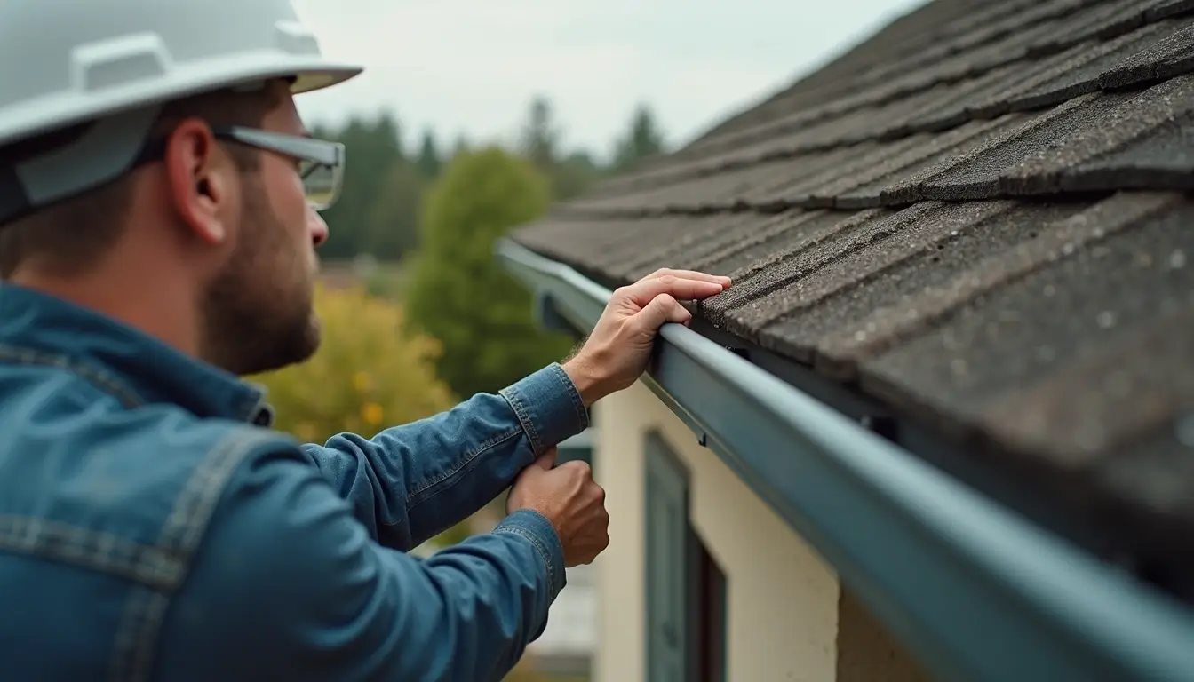 Inspector evaluating the roofs condition and gutter system